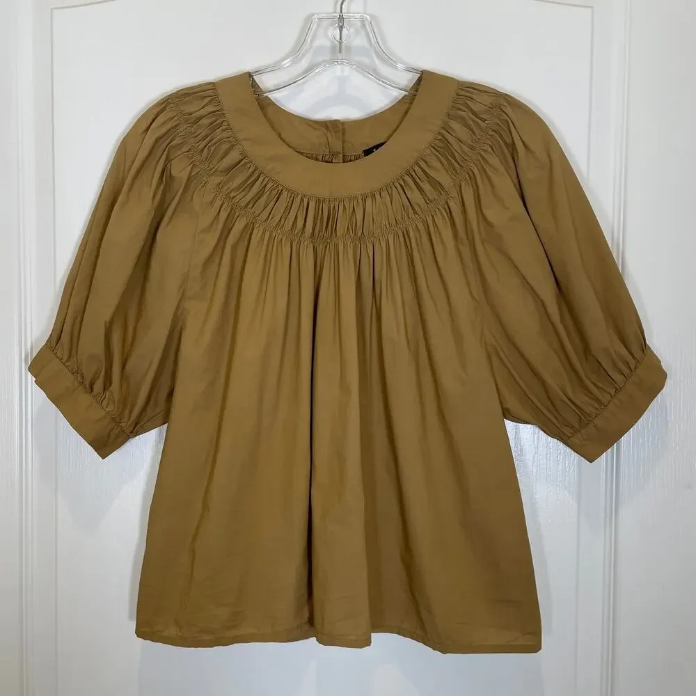 J. Crew Smocked Poplin‎ Puff Sleeve Top Honey Brown Regenerative Cotton S